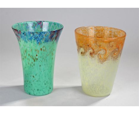 Two 20th Century Scottish glass vases, the first in mottled green with a blue lip, 21cm high, together with a yellow and oran