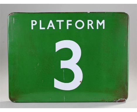 British Railway enamel platform sign, PLATFORM 3, white with green ground, 61cm x 45cm