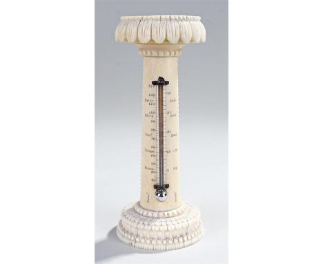 19th Century carved ivory tower thermometer, turned on the Holtzapffel lathe. The candle top with drooped leaf border, turned