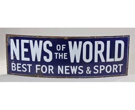News of the World enamel sign, "On sale here News of the World, Best Sunday paper" with blue ground, 140cm x 46cm
