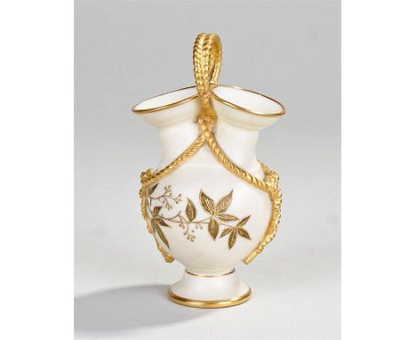 Royal Worcester porcelain vase, decorated with gilt ropes above a dual vase and gilt heightened leafs, 14cm high