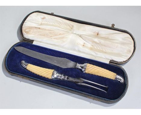 Victorian carving set, Sheffield 1896, maker GH, the ivory barley twist handle with shell mount with steel blade wand fork pr