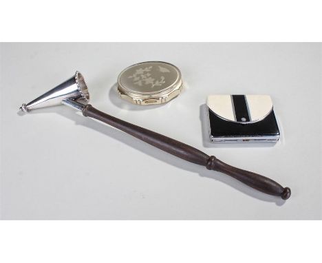 Silver Kigu compact, together with a silver plated snuffer and a Ronson cigarette case (3)