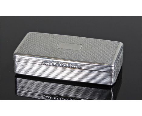 Victorian silver snuff box, Sheffield 1838, maker Thomas Shaw. The engine turned case with vacant cartouche, line decorated s