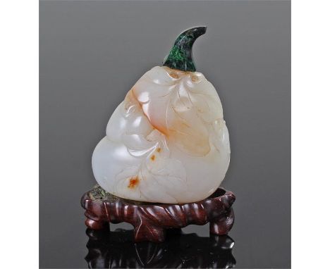 Chinese jade snuff bottle 18th/19th Century, carved in the form of an egg plant, with a malachite top with spoon attached, ra