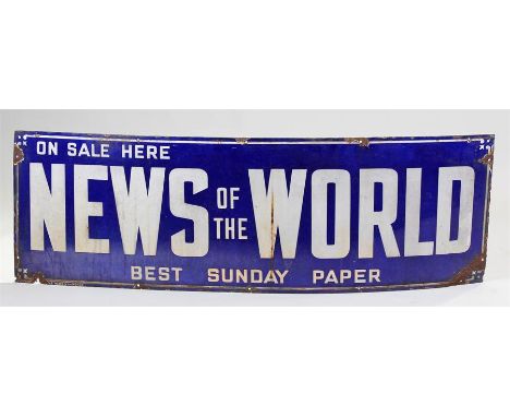 News of the World enamel sign, "On sale here News of the World, Best Sunday paper" with blue ground, 140cm x 46cm