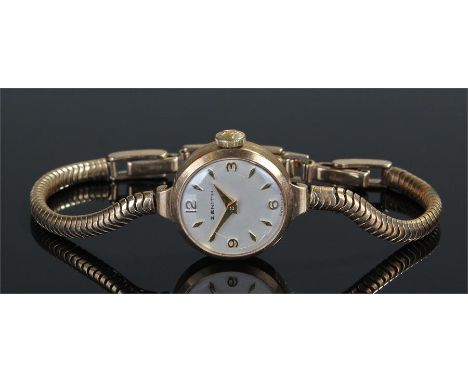 Zenith 9 carat gold ladies wristwatch, the signed champagne dial with baton hours, Arabic every third hour, with a 9 carat go