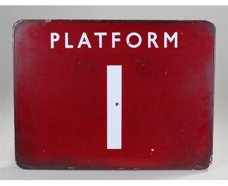 British Railway enamel platform sign, PLATFORM I, white with red ground, 61cm x 45cm