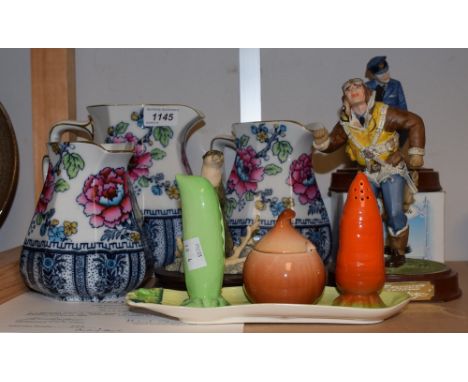 A set of three Losol Ware graduated Shanghai pattern jugs, transfer printed with exotic birds amongst foliage; a novelty Carl