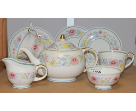 Ceramics - a Susie Cooper tea for two set, pastel floral design on white ground