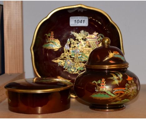 Carltonware - a Rouge Royal squat trinket bowl and cover;  others, flattop trinket dish and shaped bowl, printed marks, with 