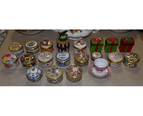 A circular porcelain patch box and cover, by Ayshford Staffordshire, transfer printed, Spring Flowers, others, Old Fruit Orch