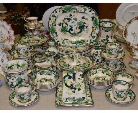 Masons Ironstone - Green Chartreuse pattern dinner and tea set inc cheese dish, tureen, dinner and side plates, two tier cake