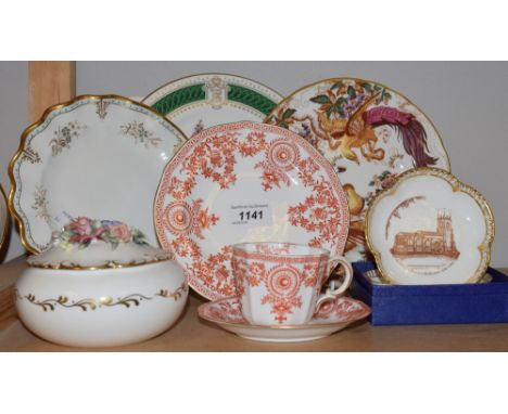 A Royal Crown Derby Olde Avesbury shaped circular dessert plate; a 3720 pattern teacup, saucer and tea plate, printed in red 