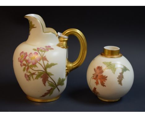 A Royal Worcester flatback jug, printed and painted with flower sprigs, on a blush ivory ground, gilt ribbed loop handle, 16c