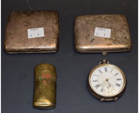 A silver open face pocket watch; a silver cigarette case, Birmingham 1915; another silver cigarette case, Birmingham 1912; a 