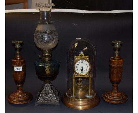 Boxes and Objects - a late 19th century domed Torsion timepiece, brass case; a cast iron paraffin lamp, turquoise blue reserv