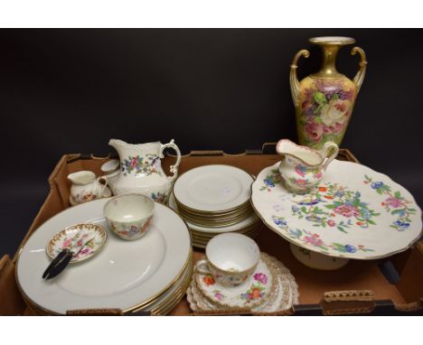 An Aynsley Pembroke cake stand; Dresden cups and saucers; 19th century tea bowl; etc.