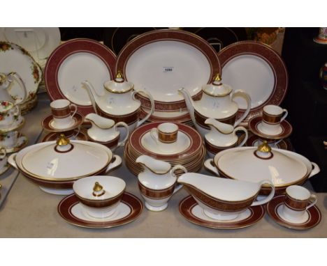 A Royal Doulton Buckingham pattern dinner and tea service, including plates, bowls, gravy boat, coffee pots, tureens, etc