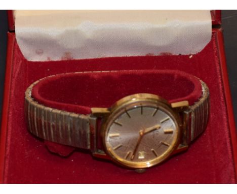 Omega - a vintage gentleman's gold plated wristwatch, silvered dial, block batons, centre seconds, minute track, date apertur