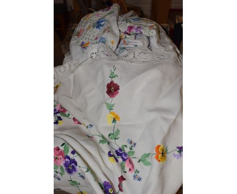Textiles - hand embroidered linen tablecloths, English Country Garden Flowers, Crinoline Lady; a lace edged linen table cloth