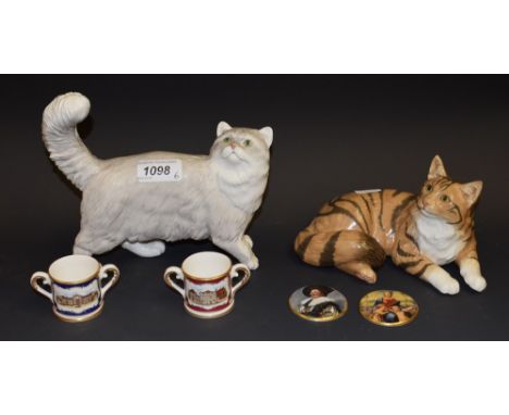 Ceramics - a John Beswick seated cat; another, standing; a pair of Royal Doulton miniature loving cups, Herrenhausen and Lein