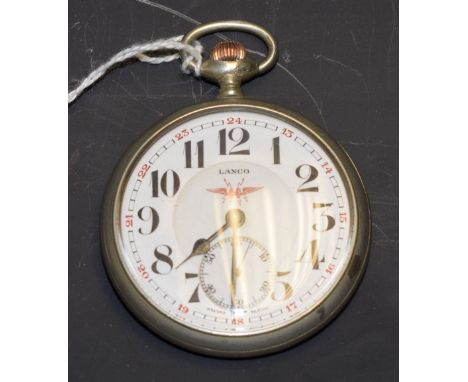 Lanco - a railway open face pocket watch, creamy white dial, bold Arabic numerals 1-12, smaller red outer 13-24hr, minute tra