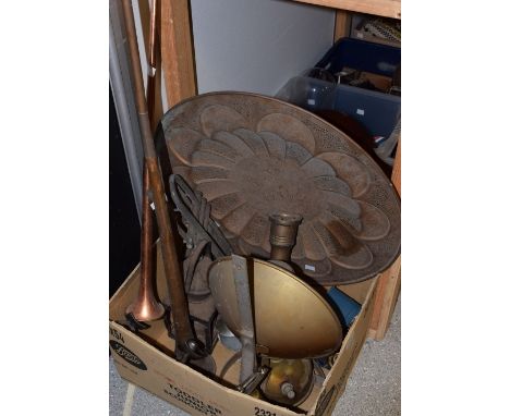 A Tilley Alba model lamp; a Primus stove in tin; a copper hunting horn; another; a pierced copper Persian style circular tray