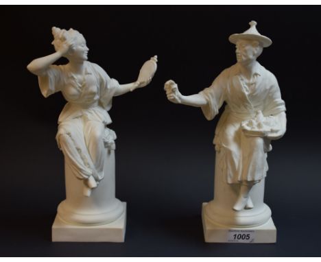 A pair of Royal Worcester Parian figures, modelled by A. Azori, Le Panier, no 3585, and Le Miroir, no. 3588, each chinoiserie