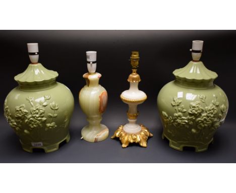 Lighting - a pair of Japanese style avocado glazed table lamps, relief decorated with lotus blossom; others, onyx table lamp,