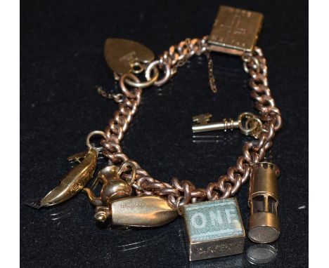 A 9ct rose gold charm bracelet, suspending seven assorted charms, inc miner's lamp, speedboat, gondola, others, padlock clasp