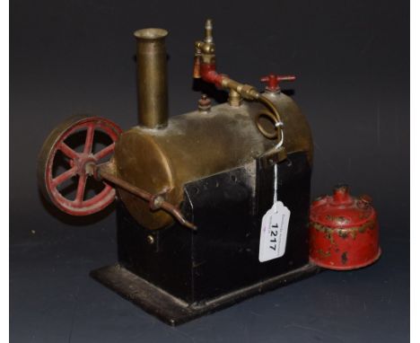 An early 20th century live steam model stationary engine, sheet brass cylinder, rectangular base, 18cm wide