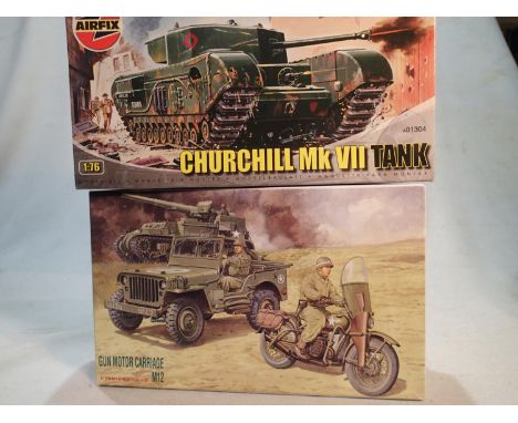 Two 1/76 scale military kits, Airfix Churchill Tank and Fujimi gun motor carriage, Jeep and motorcycle, appear as new, storag