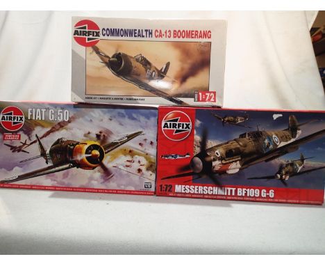 Three Airfix 1/72 scale aircraft kits, CA-13 Boomerang, Fiat G50, and Messerschmitt BF109, appear complete, storage wear to b