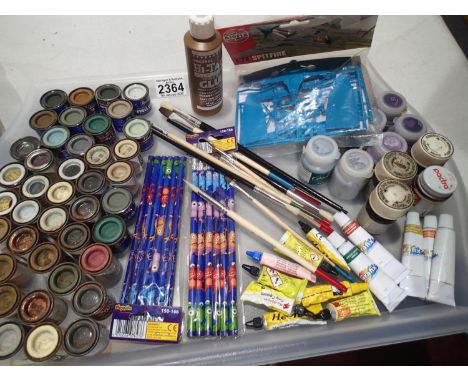 Selection of modelling paints and glue, brushes, pencils, plus Airfix 1/72 scale Spitfire kit, new and bagged. UK P&amp;P Gro