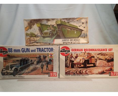 Three 1/72 scale Airfix military kits, Buffalo, 88mm gun and tractor, and recon set, appear complete, box with wear. UK P&amp
