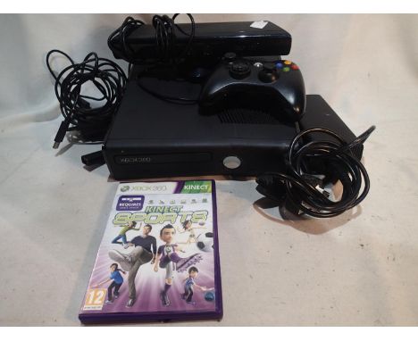 Xbox 360 S console with PSU, Controller, Kinect and Kinect Sports game. Tested and working. UK P&amp;P Group 3 (£30+VAT for t