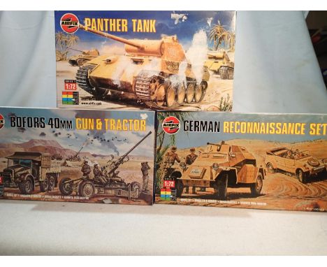 Three Airfix 1/72 scale military kits, Bofors gun and tractor, Panther, and Recon set, appear as new, storage wear to boxes. 