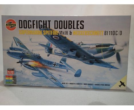 Airfix 1/72 scale Dogfight doubles kit, Spitfire MKIX and Messerschmitt BF110C/D, as new, storage wear to box. UK P&amp;P Gro