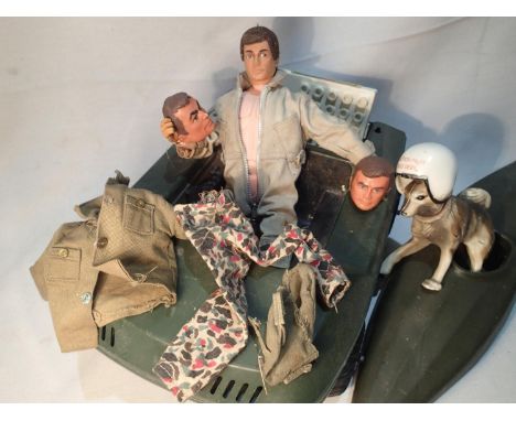 Unboxed Palitoy Action Man with flocked hair and moving eyes, hands are dried and broken. Otherwise VG. Included are the tank