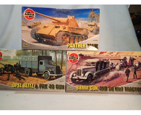 Three Airfix 1/76 scale military kits, Opel Blitz &amp; Gun, Panther, 88mm fun and tractor, appear complete, storage wear to 