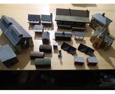 O gauge selection of card/plastic buildings, kit/scratch built, including station, signal box, engine shed and church. UK P&a
