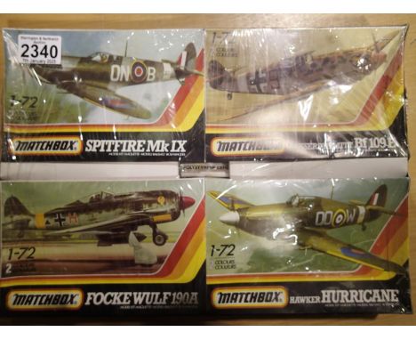 Matchbox 1/72 scale four kit gift pack of WWII fighters, Hurricane, Messerschmitt 109, Spitfire and Fockewulf 190plus tube of