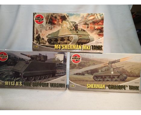 Three Airfix 1/76 scale military kits, M113 fire support, Sherman, and Calliope tank, appear as new, storage wear to boxes. U