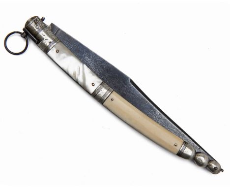 A LARGE ITALIAN FOLDING-KNIFE WITH IVORY AND MOTHER OF PEARL SCALESSicilian, late 19th century, with 10in. blade false edged 