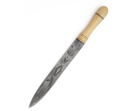 A VICTORIAN IVORY-HANDLED HUNTING DAGGER,circa 1850 and probably English, with heavy narrow leaf-shaped double edged 11in. bl