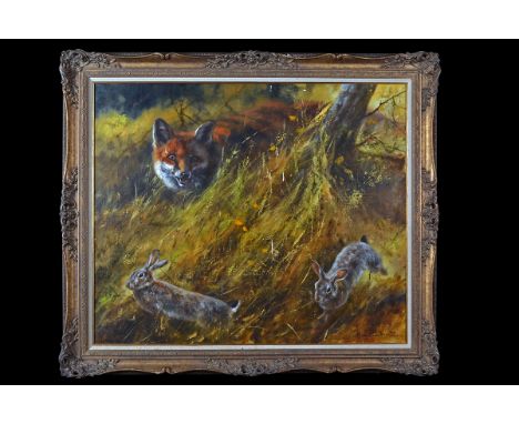 MICK CAWSTON (1959-2006)AN ORIGINAL OIL ON CANVAS,signed by the artist, showing a fox hunting rabbits in the long grass, set 
