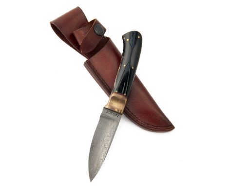 JAMES PURDEY AND SONSAN UNUSED DAMASCUS STEEL AND BUFFALO HORN HUNTING KNIFE,with 3 1/2in. spearpoint blade signed Purdey, bu