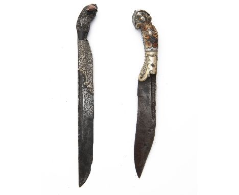 TWO ANTIQUE PIHA-KAETTA KNIVES,from Sri-Lanka, late 18th to early 19th century, the first with iron drop-point 6in. blade, ro