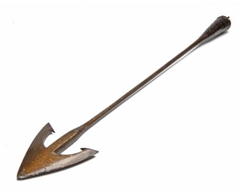 A SCARCE IRON HEAD FROM A WHALING HARPOON,early to mid 19th century, 34 1/2in. overall and 6 1/4in. across the points, the fl